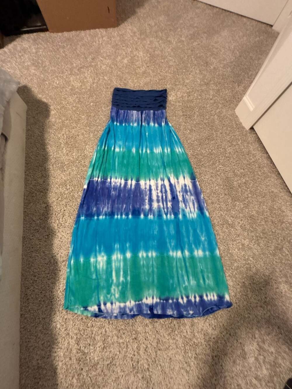 Zen Knits Smocked Tie Dye Strapless Maxi Dress Blue Green